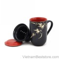 Mug Tea & Filter Set - Black Red Bamboo Flowers